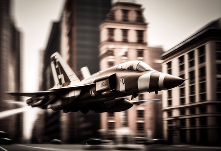 Fighter in the air over the city. 3D illustration.の素材