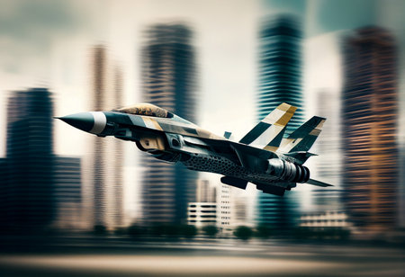 Fighter in the sky over the modern city. 3d renderingの素材
