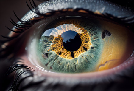 Extreme close up of an reptile eye. AI generated illustrationの素材