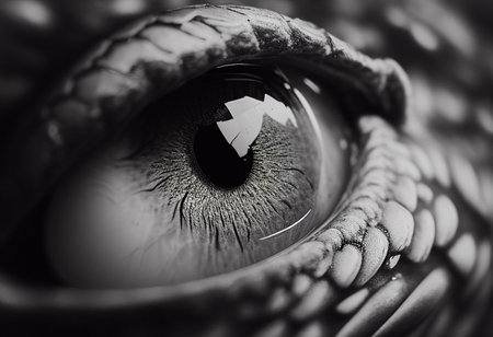 Extreme close up of an reptile eye. AI generated illustrationの素材