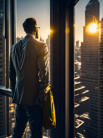 Businessmen lookin through window to the city sunset. AI generated illustrationの素材