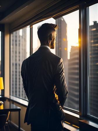 Businessmen lookin through window to the city sunset. AI generated illustrationの素材