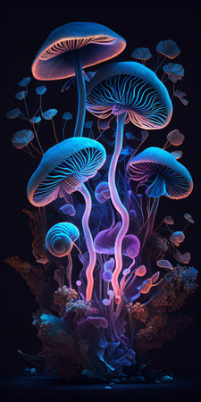 Magical colorful flowers and mashrooms. AI Generated illustrationの素材