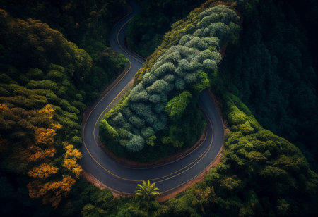 Road in the forest up to mountain. AI generated illustrationの素材