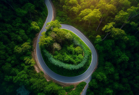 Road in the forest up to mountain. AI generated illustrationの素材