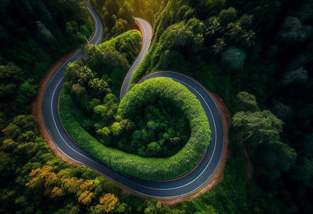 Road in the forest up to mountain. AI generated illustrationの素材