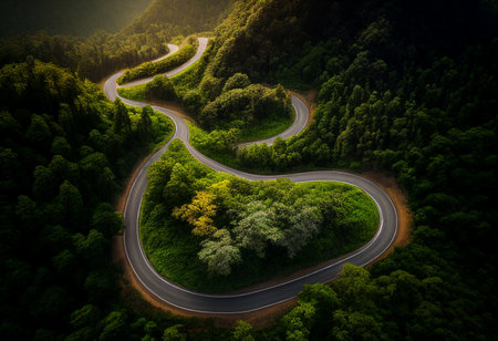 Road in the forest up to mountain. AI generated illustrationの素材