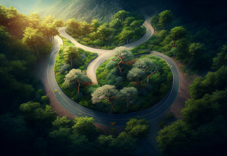 Road in the forest up to mountain. AI generated illustrationの素材