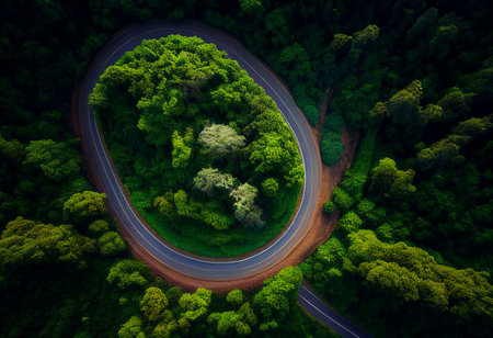 Road in the forest up to mountain. AI generated illustrationの素材