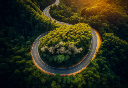 Road in the forest up to mountain. AI generated illustrationの素材