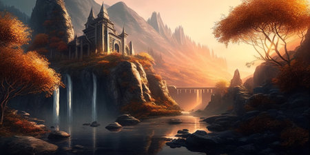 Retrofutiristic style ethernal fairytale landscape. AI generated illustrationの素材