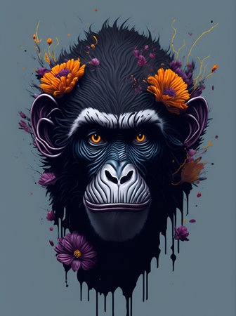 Head of Monkey in flowers splash concept. AI generated illustrationの素材