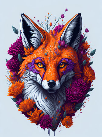 Fox head in flowers. AI generated illustrationの素材