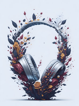 Music headphones flowers splash. AI generated illustrationの素材