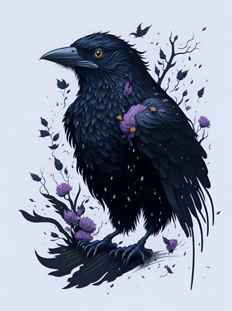 Raven bird with flowers splash.AI generated illustrationの素材