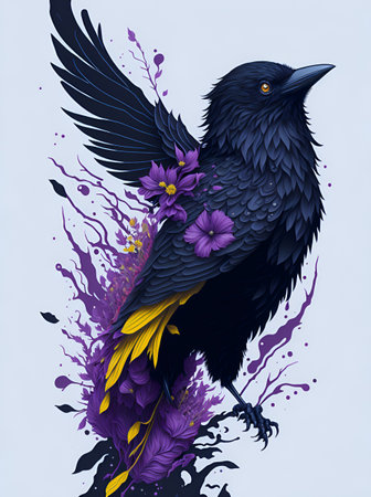 Raven bird with flowers splash.AI generated illustrationの素材