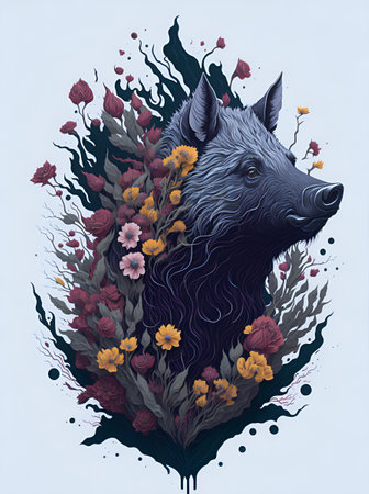 Boar with flowers splash. AI generated illustrationの素材