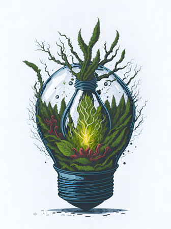 Moss light bulb, eco concept. AI generated illustrationの素材
