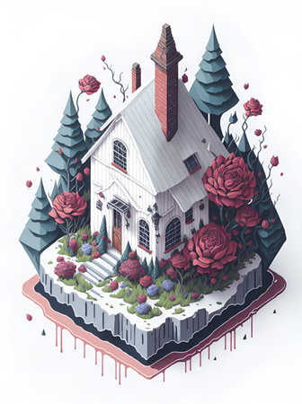 Country side isometric house with flower splash. AI generated illustrationの素材