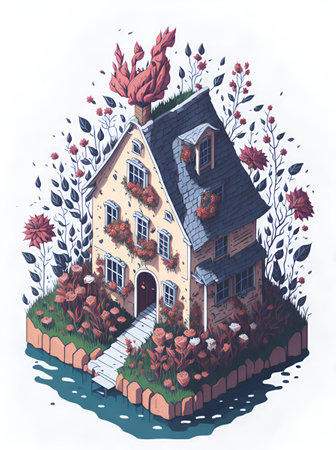 Country side isometric house with flower splash. AI generated illustrationの素材