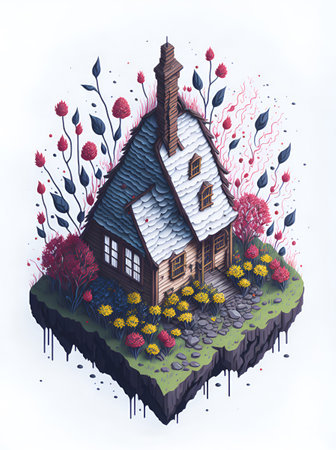 Country side isometric house with flower splash. AI generated illustrationの素材