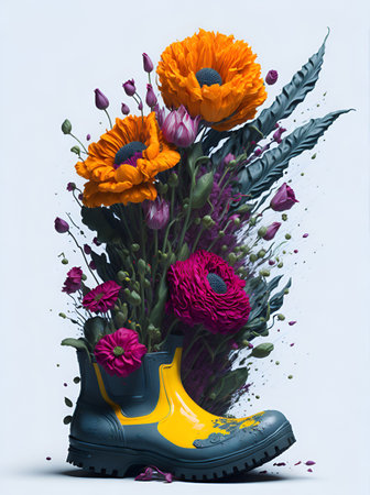 Vintage boots with flowers splash. AI generated illustrationの素材