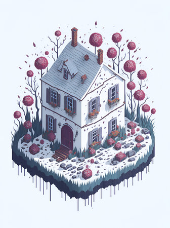 Country side isometric house with flower splash. AI generated illustrationの素材