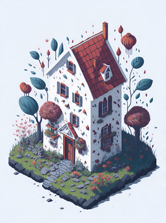 Country side isometric house with flower splash. AI generated illustrationの素材