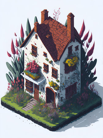 Country side isometric house with flower splash. AI generated illustrationの素材