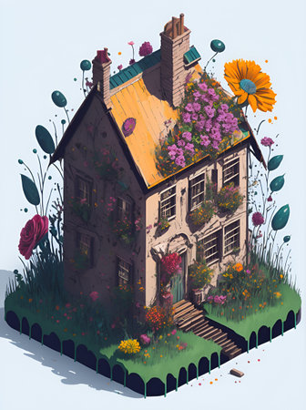 Country side isometric house with flower splash. AI generated illustrationの素材
