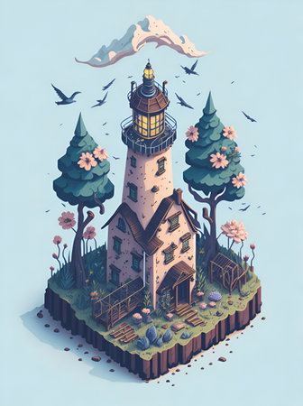 Isometric light house with flowers. AI generated illustrationの素材