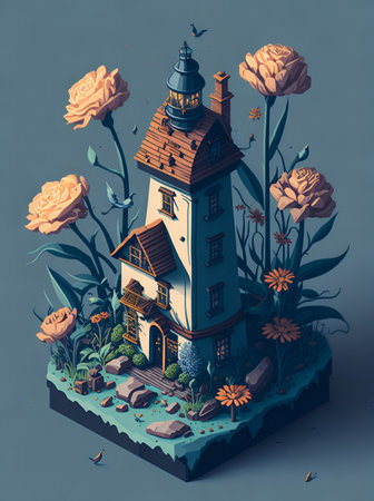 Isometric light house with flowers. AI generated illustrationの素材
