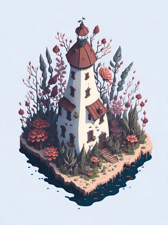 Isometric light house with flowers. AI generated illustrationの素材