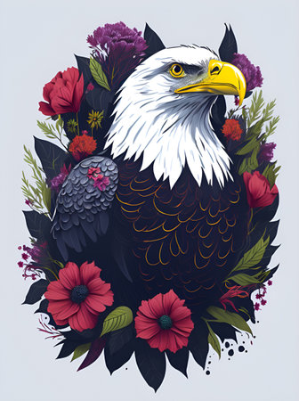 Bald Eagle in flowers. AI generated illustrationの素材