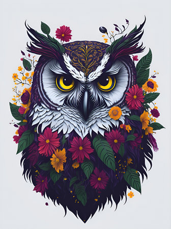 Cartoon Owl in flowers. AI generated illustrationの素材