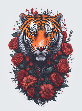 Tiger in flowers. AI generated illustrationの素材