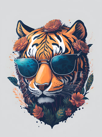 A Tiger head wearing trendy sunglasses. AI generated illustrationの素材