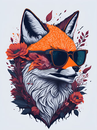 A Fox head wearing trendy sunglasses. AI generated illustrationの素材