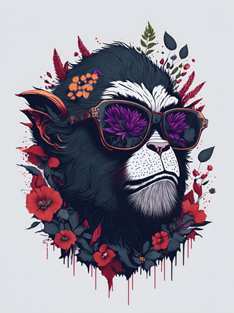 A Monkey head wearing trendy sunglasses. AI generated illustrationの素材