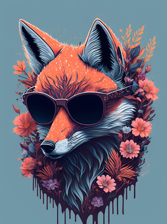 A Fox head wearing trendy sunglasses. AI generated illustrationの素材
