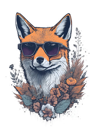 A Fox head wearing trendy sunglasses. AI generated illustrationの素材