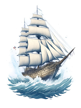 Schooner ship cartoon. AI generated illustrationの素材