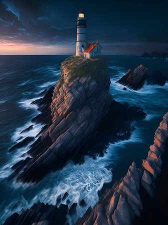 Lighthouse on the rock. AI generated illustrationの素材