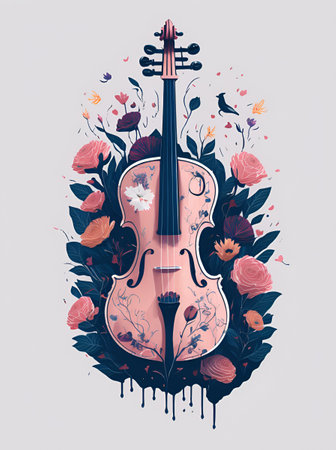 Violin in flowers splash. AI generated illustrationの素材