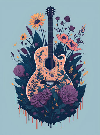 Guitar in flowers splash. AI generated illustrationの素材