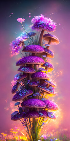 Colorful spring flowers and mashrooms. AI generated illustrationの素材
