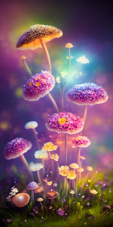 Colorful spring flowers and mashrooms. AI generated illustrationの素材