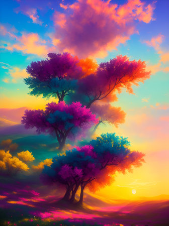 Rainbow painting. Colourful fields landscapes. AI generated illustrationの素材