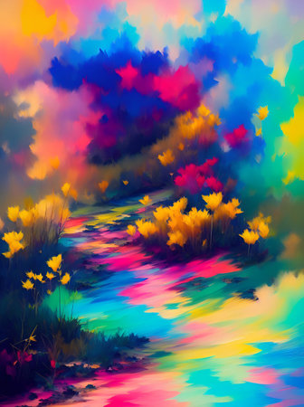 Rainbow painting. Colourful fields landscapes. AI generated illustrationの素材