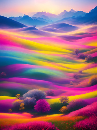 Rainbow painting. Colourful fields landscapes. AI generated illustrationの素材